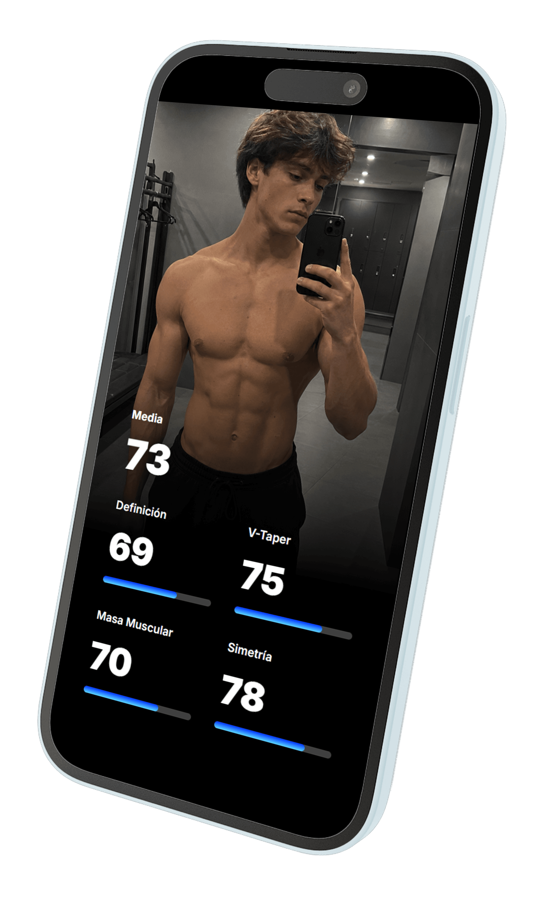 App Gymia BodyScan mostrando análisis de V-Taper, simetría y definición física