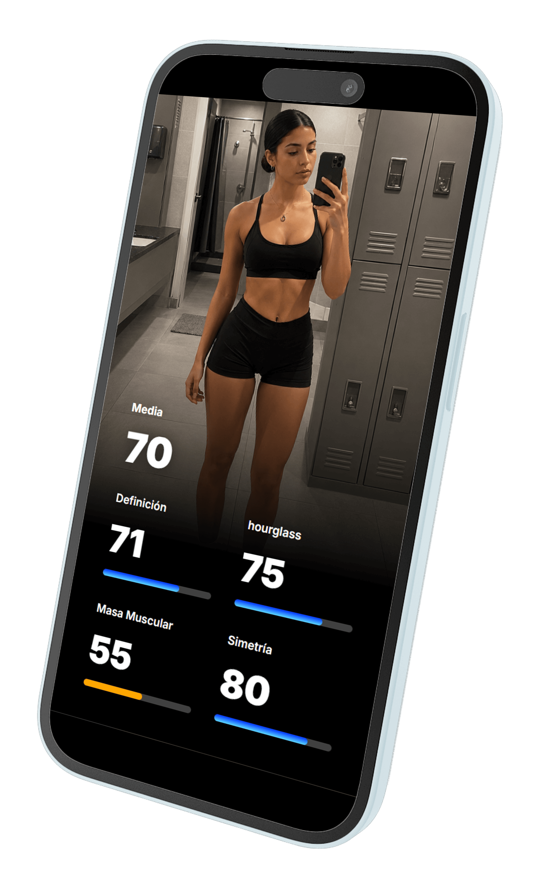 App Gymia BodyScan mostrando análisis de V-Taper, simetría y definición física